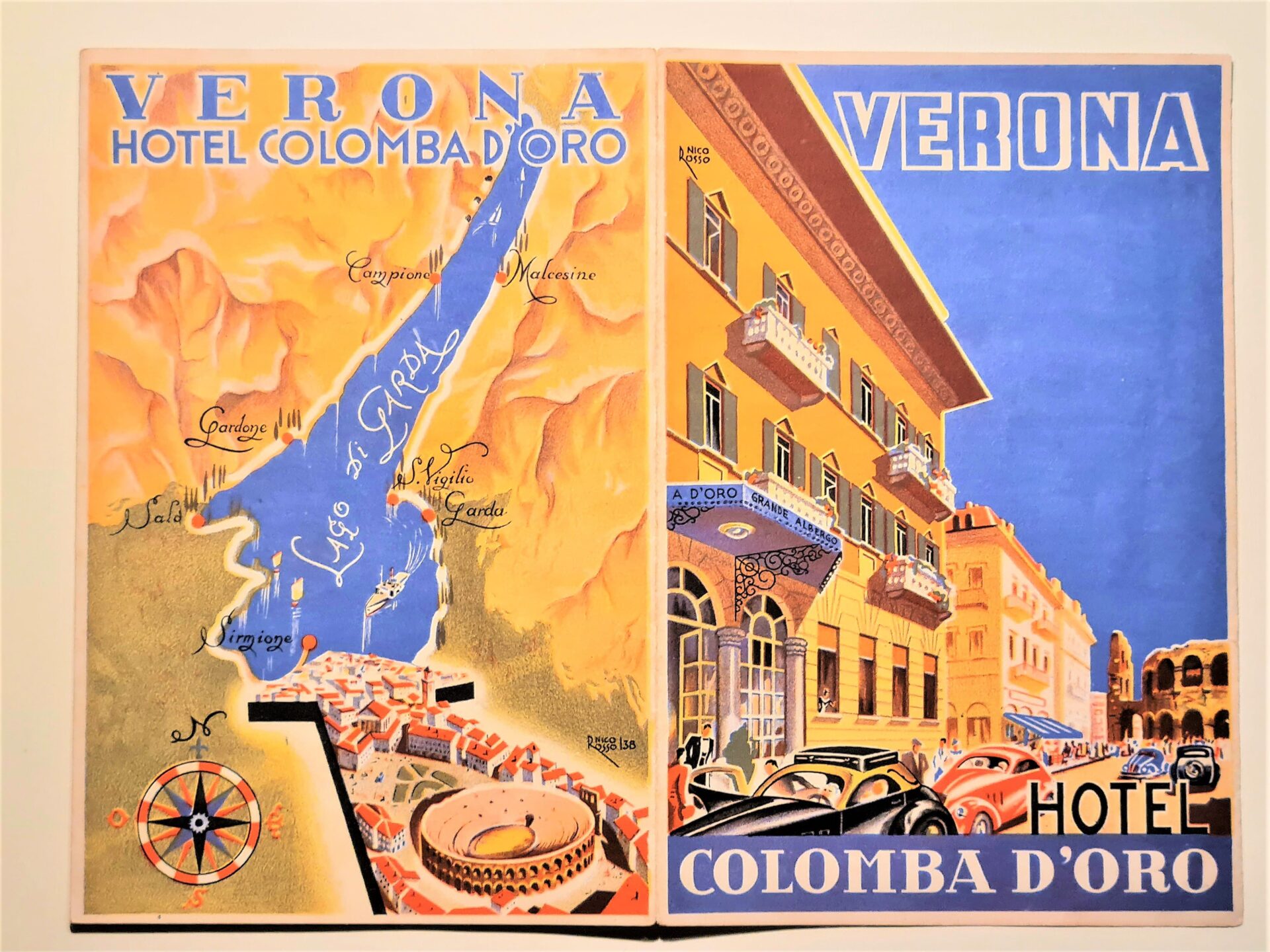 Stampa storica di una cartolina con il nome Hotel Colomba d'Oro